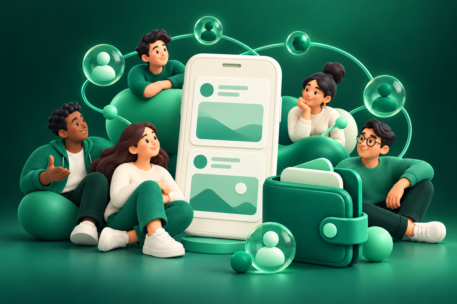 Friendly blue illustration connecting people, their wallet and plans